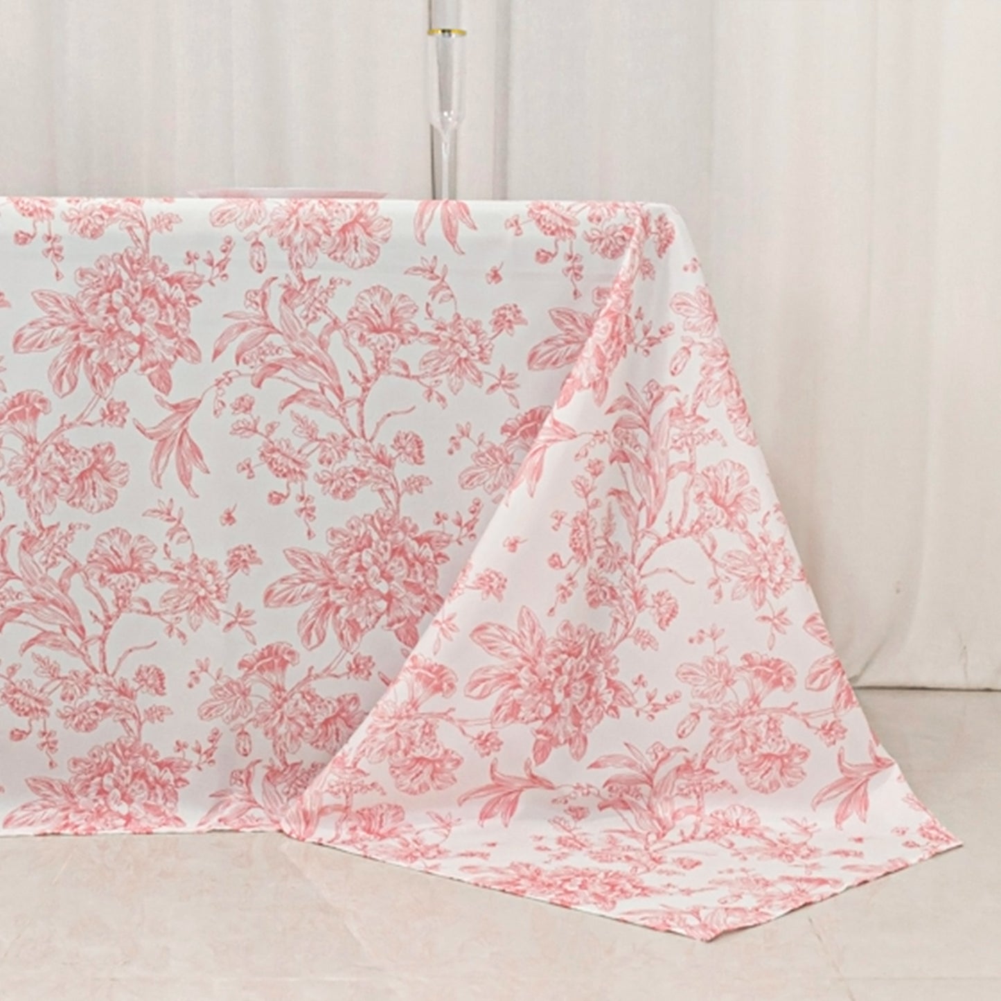 90"x156" White Pink French Toile Polyester Tablecloth, Seamless Floral Rectangle Table Cover for 8 Foot Tables With Floor-Length Drop