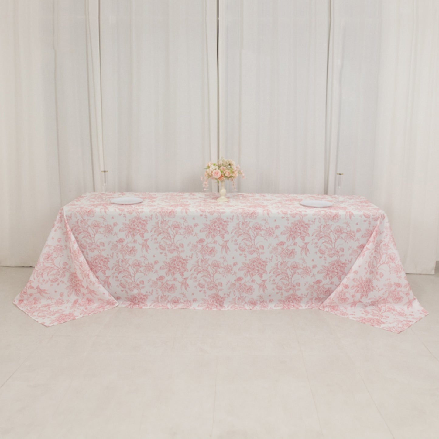 90"x156" White Pink French Toile Polyester Tablecloth, Seamless Floral Rectangle Table Cover for 8 Foot Tables With Floor-Length Drop