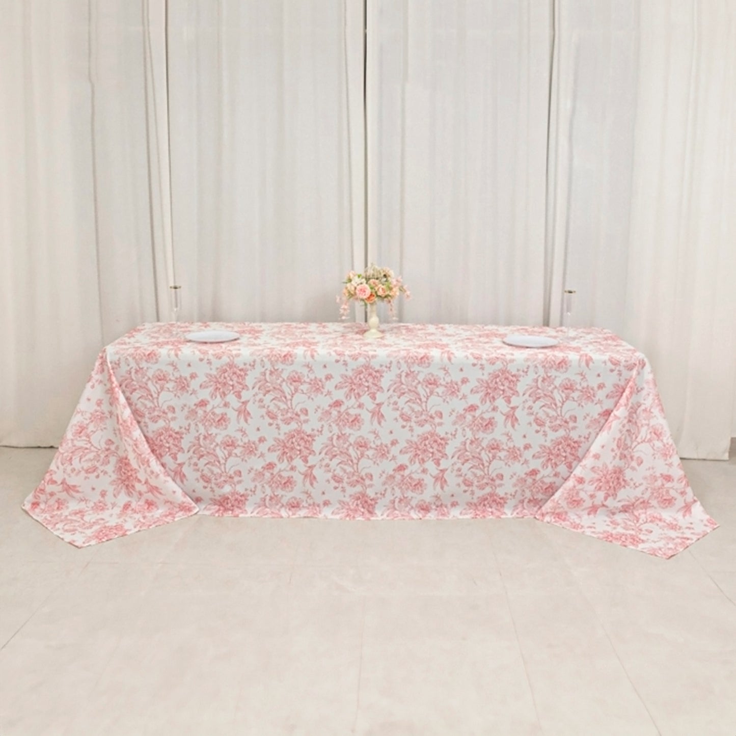 90"x156" White Pink French Toile Polyester Tablecloth, Seamless Floral Rectangle Table Cover for 8 Foot Tables With Floor-Length Drop