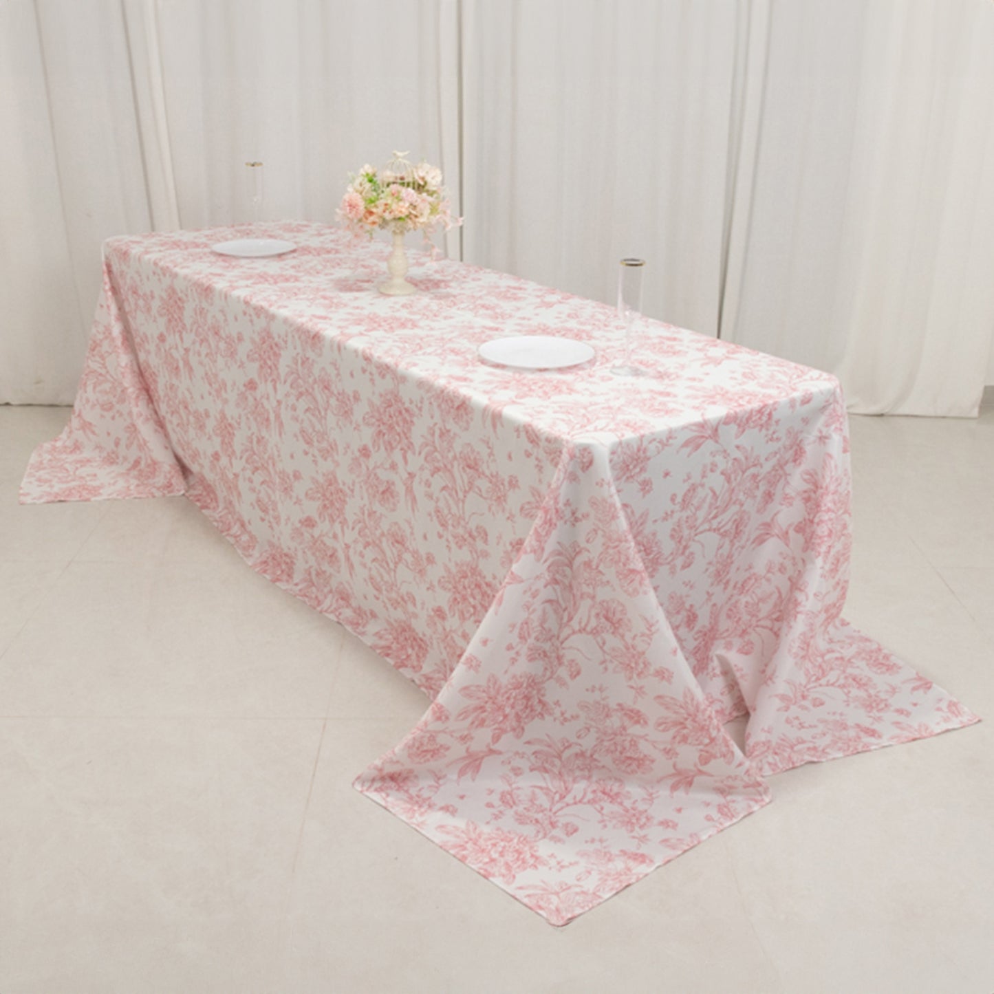 90"x156" White Pink French Toile Polyester Tablecloth, Seamless Floral Rectangle Table Cover for 8 Foot Tables With Floor-Length Drop