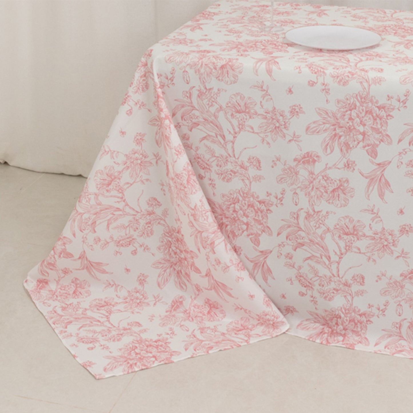 90"x156" White Pink French Toile Polyester Tablecloth, Seamless Floral Rectangle Table Cover for 8 Foot Tables With Floor-Length Drop