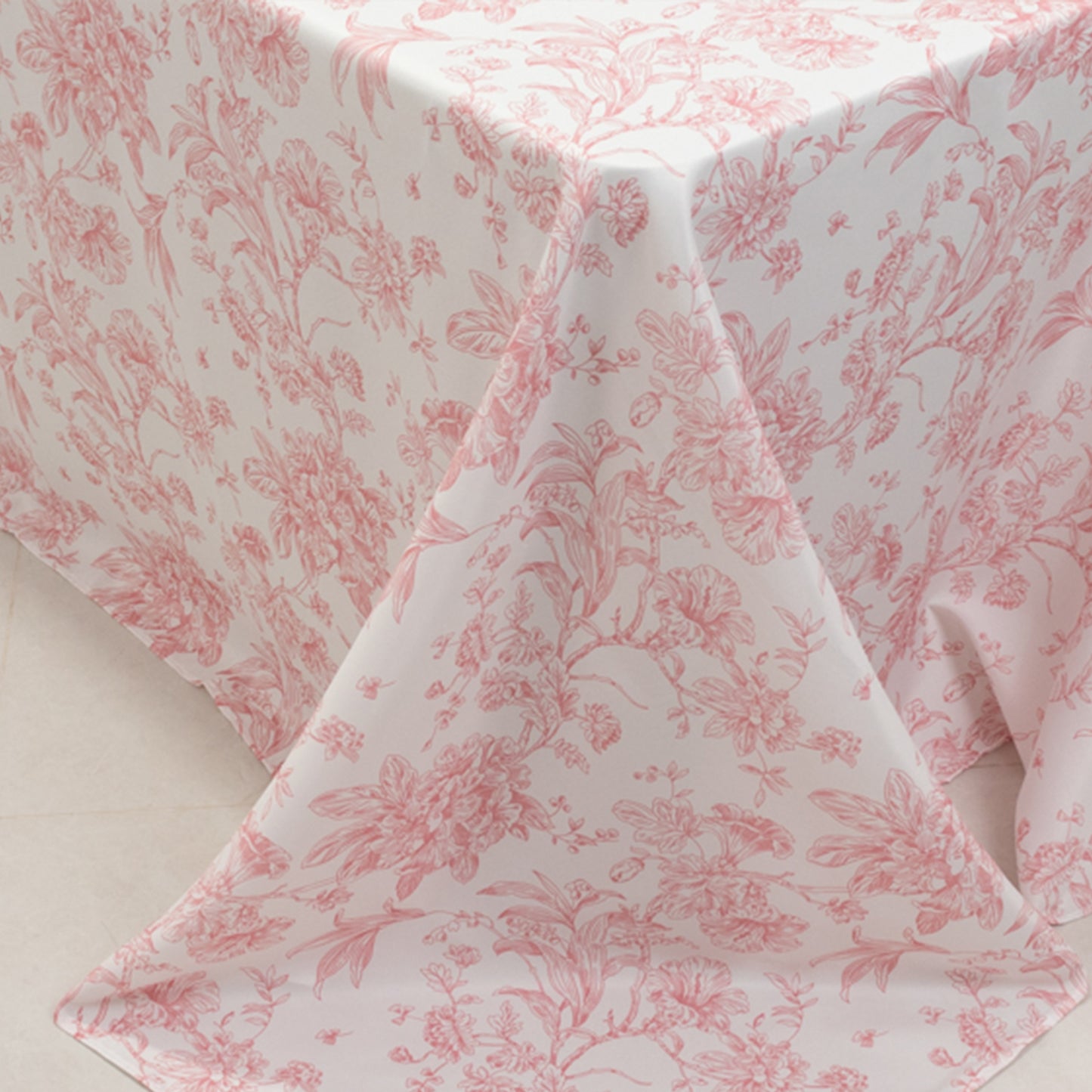 90"x156" White Pink French Toile Polyester Tablecloth, Seamless Floral Rectangle Table Cover for 8 Foot Tables With Floor-Length Drop