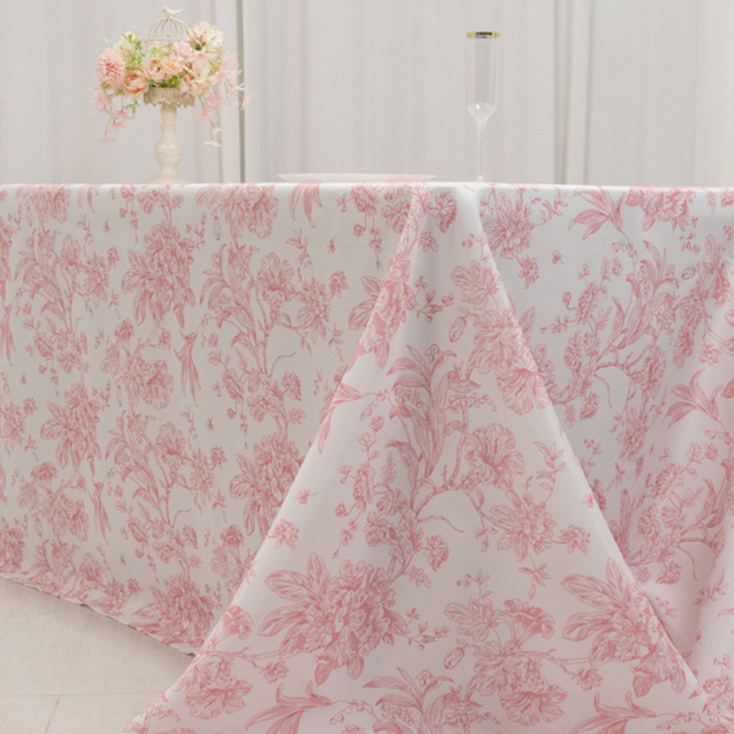 90"x156" White Pink French Toile Polyester Tablecloth, Seamless Floral Rectangle Table Cover for 8 Foot Tables With Floor-Length Drop