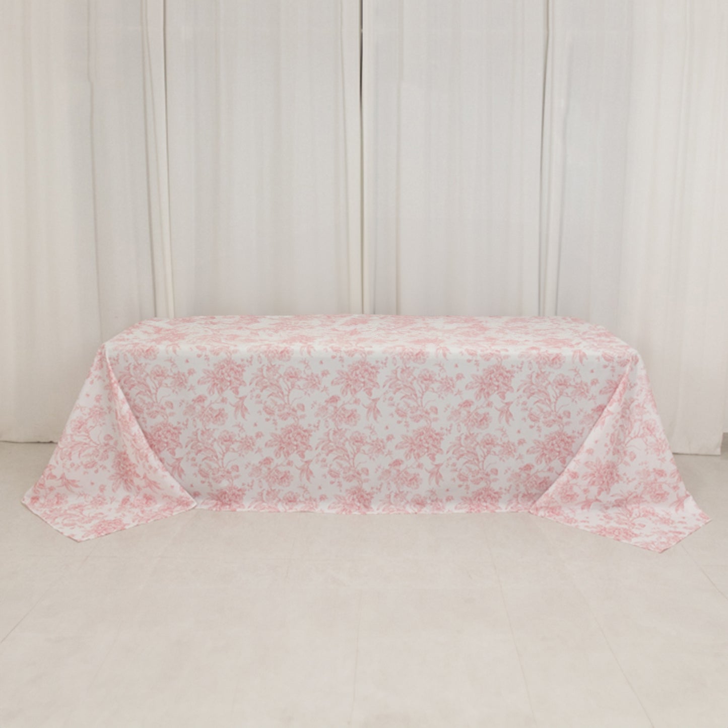 90"x156" White Pink French Toile Polyester Tablecloth, Seamless Floral Rectangle Table Cover for 8 Foot Tables With Floor-Length Drop