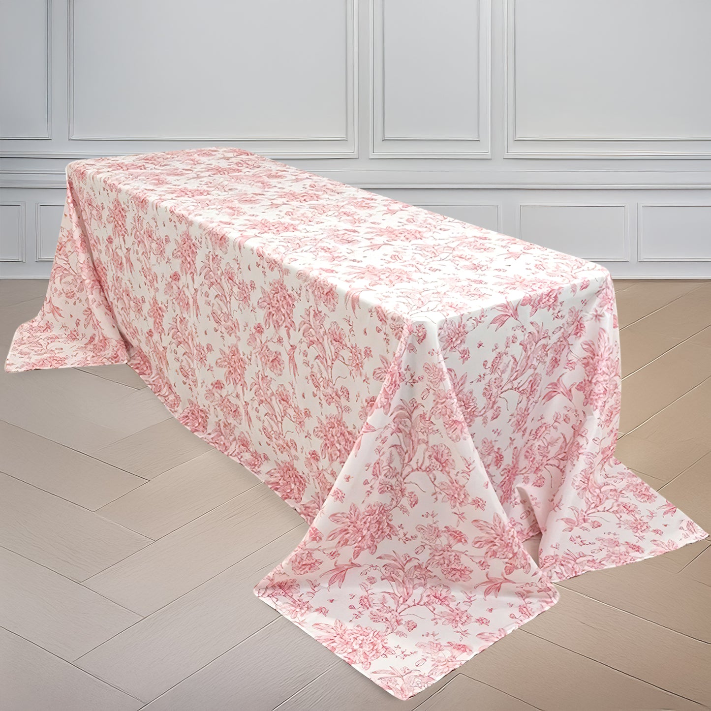 90"x156" White Pink French Toile Polyester Tablecloth, Seamless Floral Rectangle Table Cover for 8 Foot Tables With Floor-Length Drop
