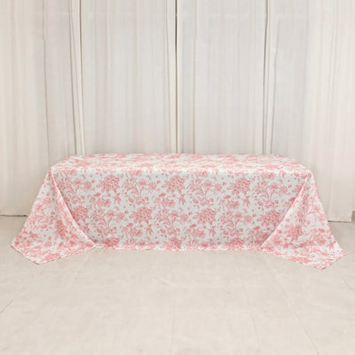 White Pink French Toile Polyester Tablecloth 90"x156"