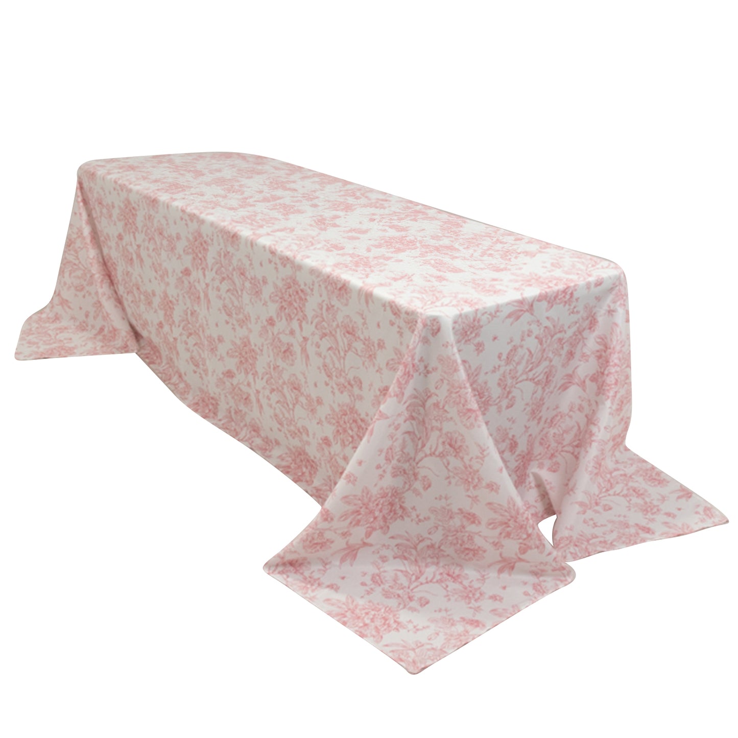 90"x156" White Pink French Toile Polyester Tablecloth, Seamless Floral Rectangle Table Cover for 8 Foot Tables With Floor-Length Drop