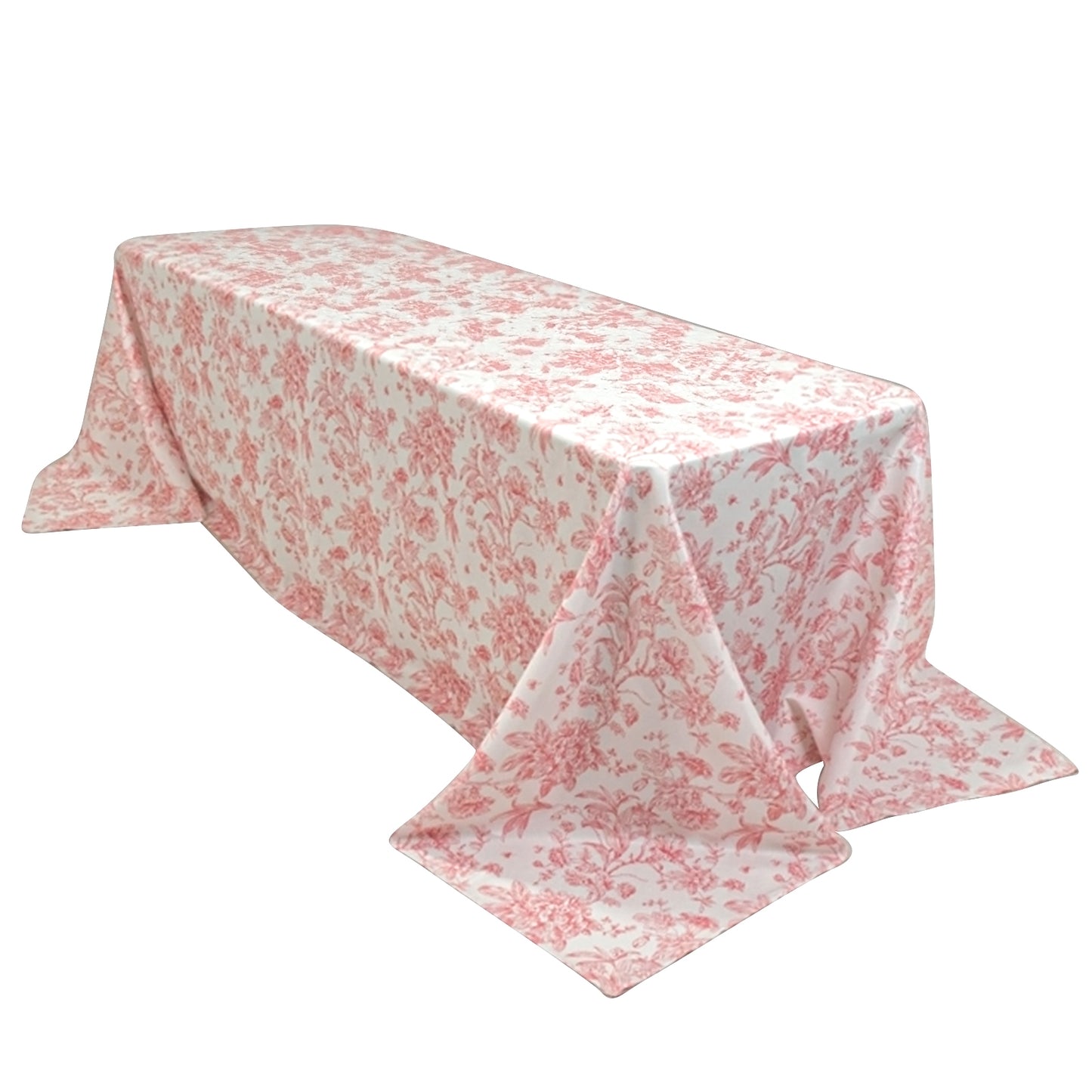 90"x156" White Pink French Toile Polyester Tablecloth, Seamless Floral Rectangle Table Cover for 8 Foot Tables With Floor-Length Drop