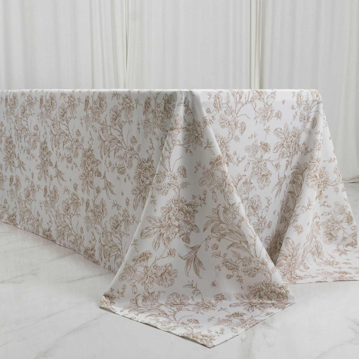 Polyester 90"x156" Rectangle Tablecloth White - Seamless Taupe French Toile Pattern for Grand Occasi