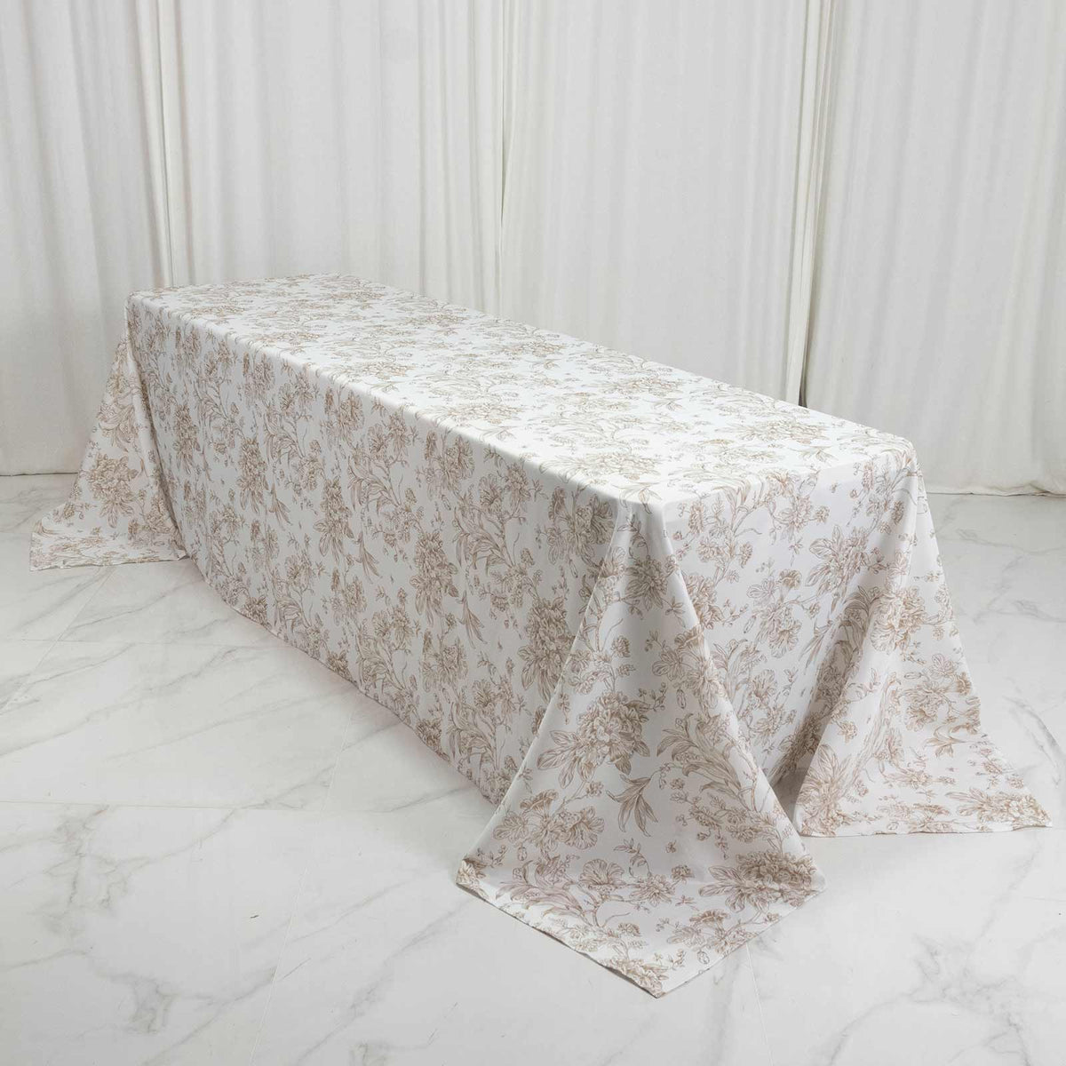 Polyester 90"x156" Rectangle Tablecloth White - Seamless Taupe French Toile Pattern for Grand Occasi