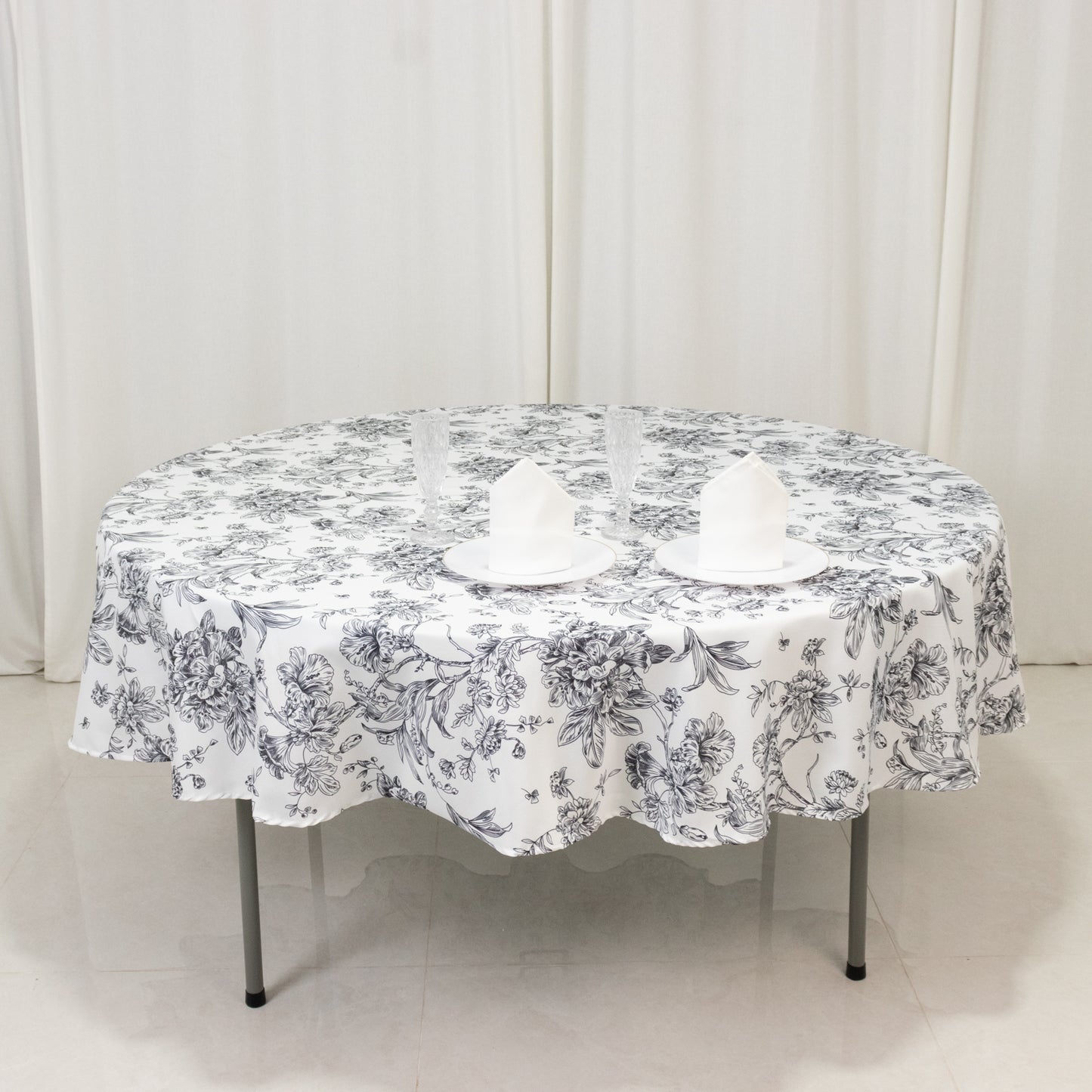 Polyester 90" Round Tablecloth White - Black French Toile Pattern for Chic Weddings
