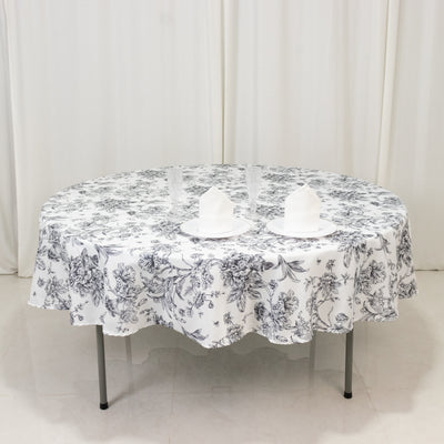 Polyester Round Tablecloth 90" White with Black French Toile Pattern