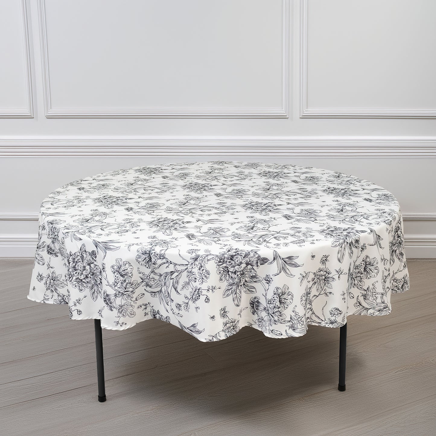 Polyester 90" Round Tablecloth White - Black French Toile Pattern for Chic Weddings