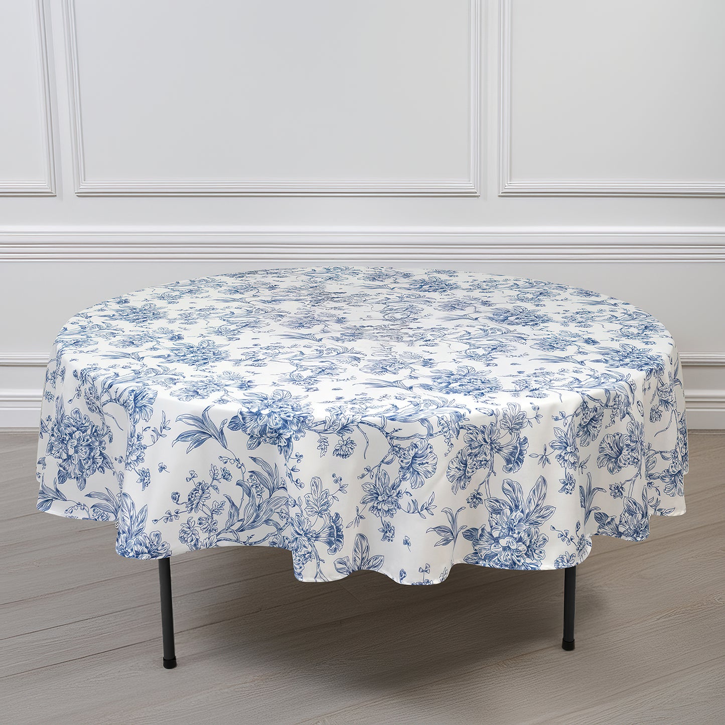 Polyester 90" Round Tablecloth White - Blue French Toile Pattern for Chic Weddings
