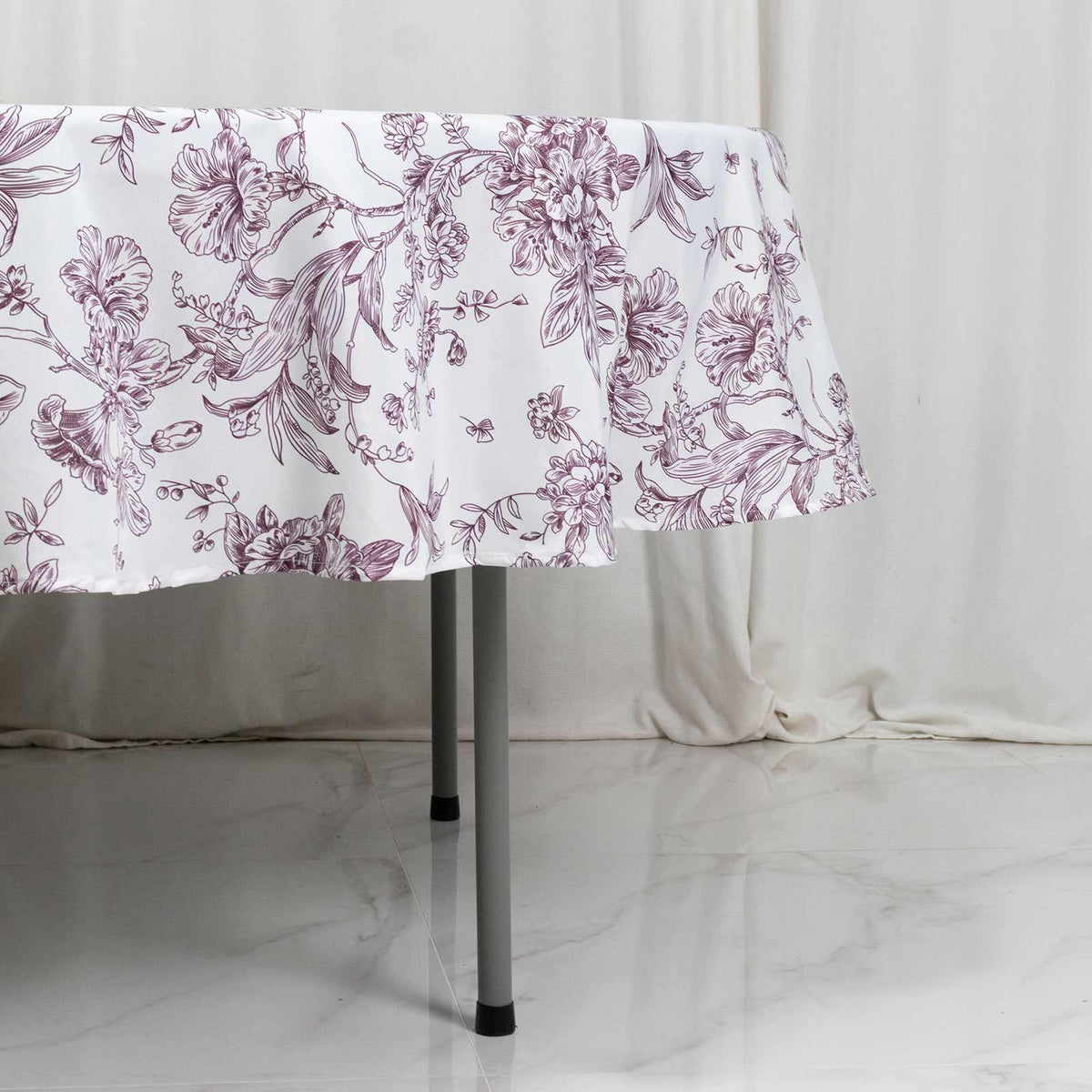 Polyester 90" Round Tablecloth White - Burgundy French Toile Pattern for Chic Weddings