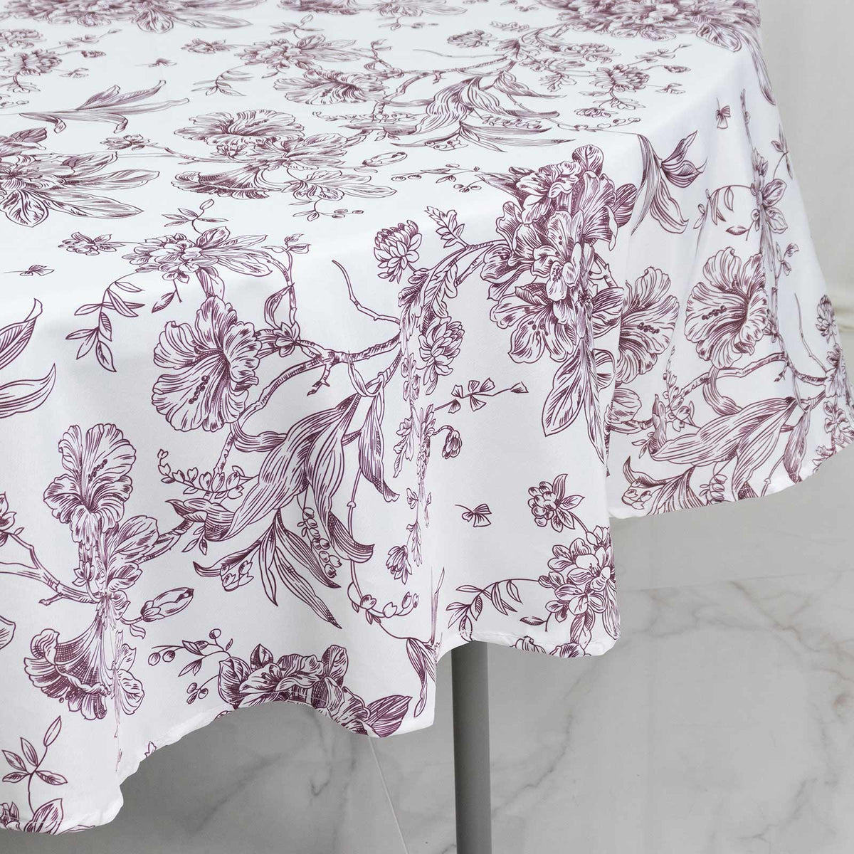 Polyester 90" Round Tablecloth White - Burgundy French Toile Pattern for Chic Weddings