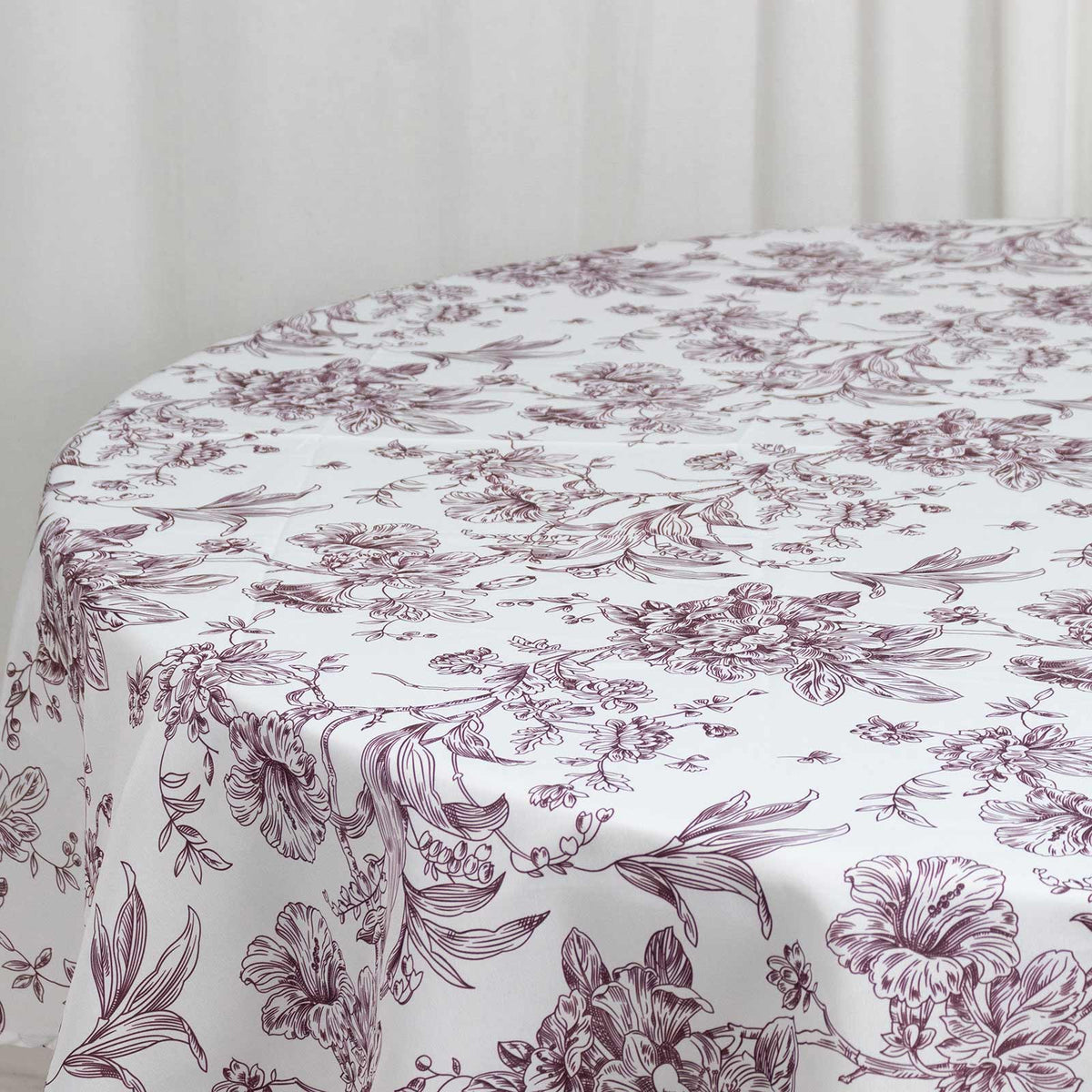 Polyester 90" Round Tablecloth White - Burgundy French Toile Pattern for Chic Weddings