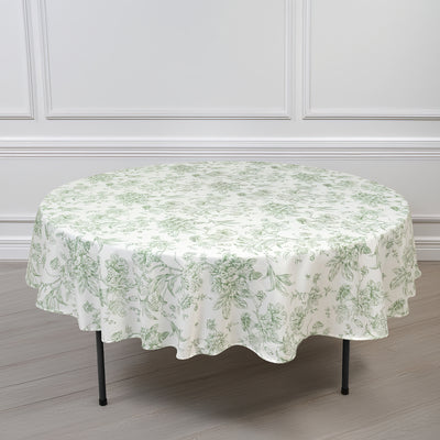 Polyester Round Tablecloth 90" White with Dusty Sage Green French Toile Pattern