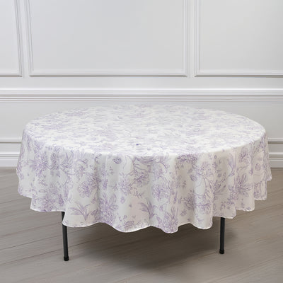 Polyester Round Tablecloth 90" White with Lavender French Toile Pattern