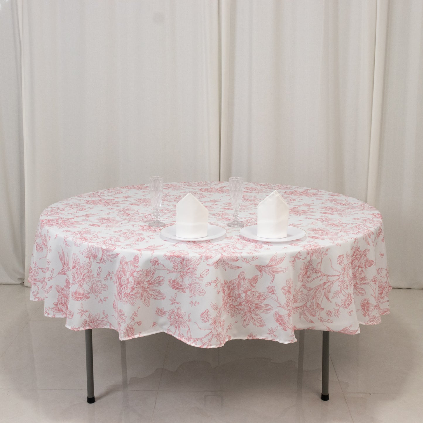Polyester 90" Round Tablecloth White - Pink French Toile Pattern for Chic Weddings