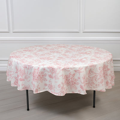 Polyester Round Tablecloth 90" White with Pink French Toile Pattern