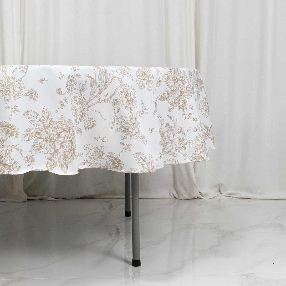 Polyester 90" Round Tablecloth White - Taupe French Toile Pattern for Chic Weddings