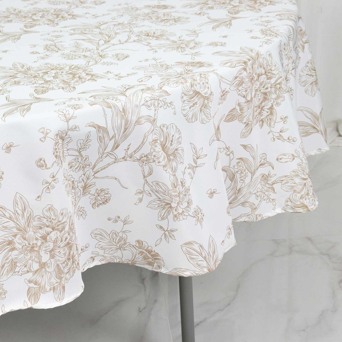 Polyester 90" Round Tablecloth White - Taupe French Toile Pattern for Chic Weddings