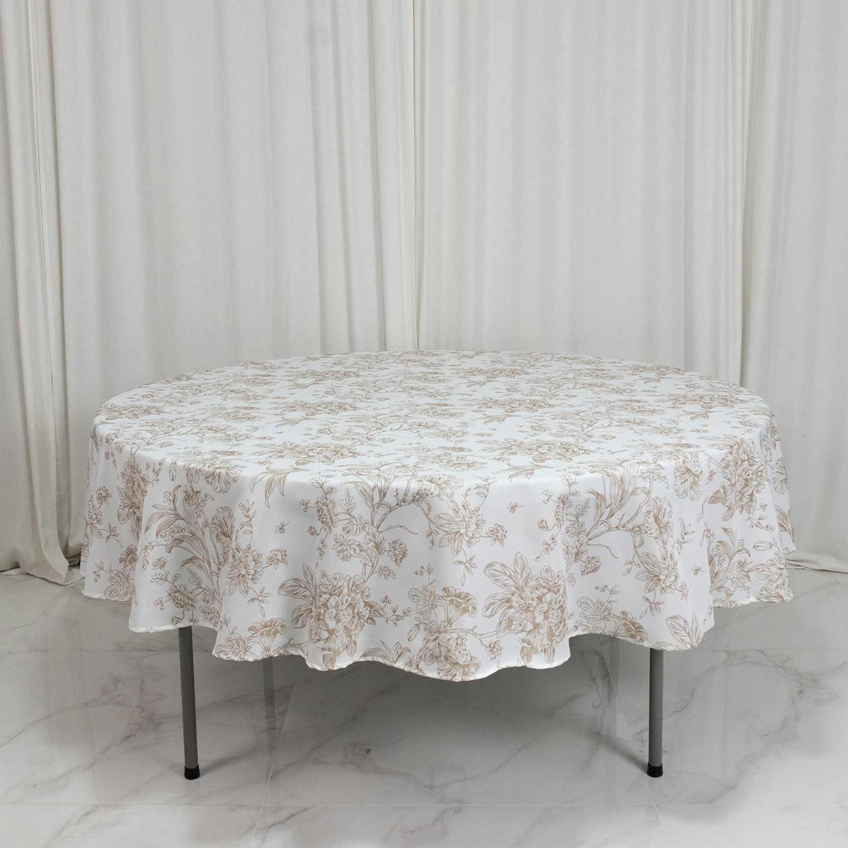 Polyester 90" Round Tablecloth White - Taupe French Toile Pattern for Chic Weddings