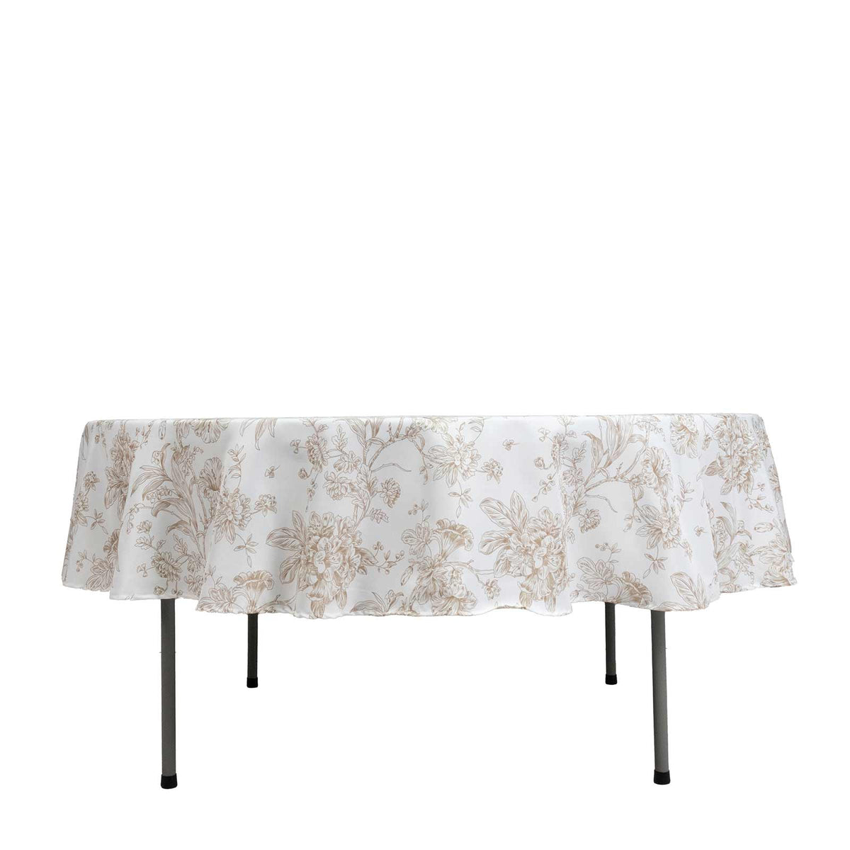 Polyester 90" Round Tablecloth White - Taupe French Toile Pattern for Chic Weddings