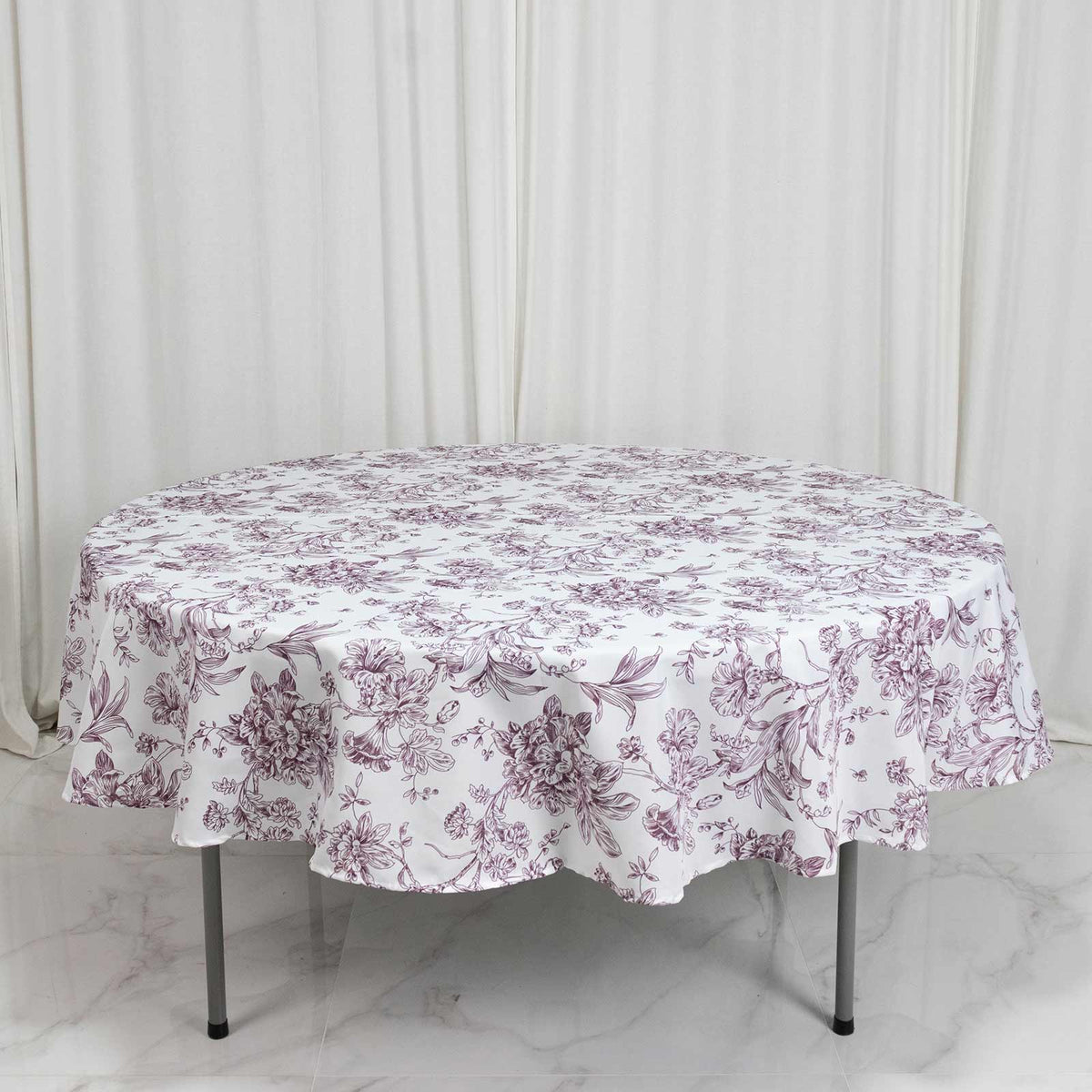 Polyester 90" Round Tablecloth White - Burgundy French Toile Pattern for Chic Weddings