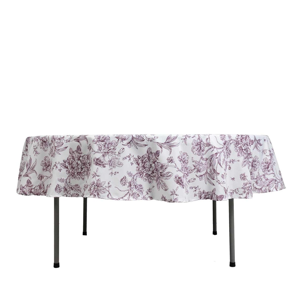 Polyester 90" Round Tablecloth White - Burgundy French Toile Pattern for Chic Weddings