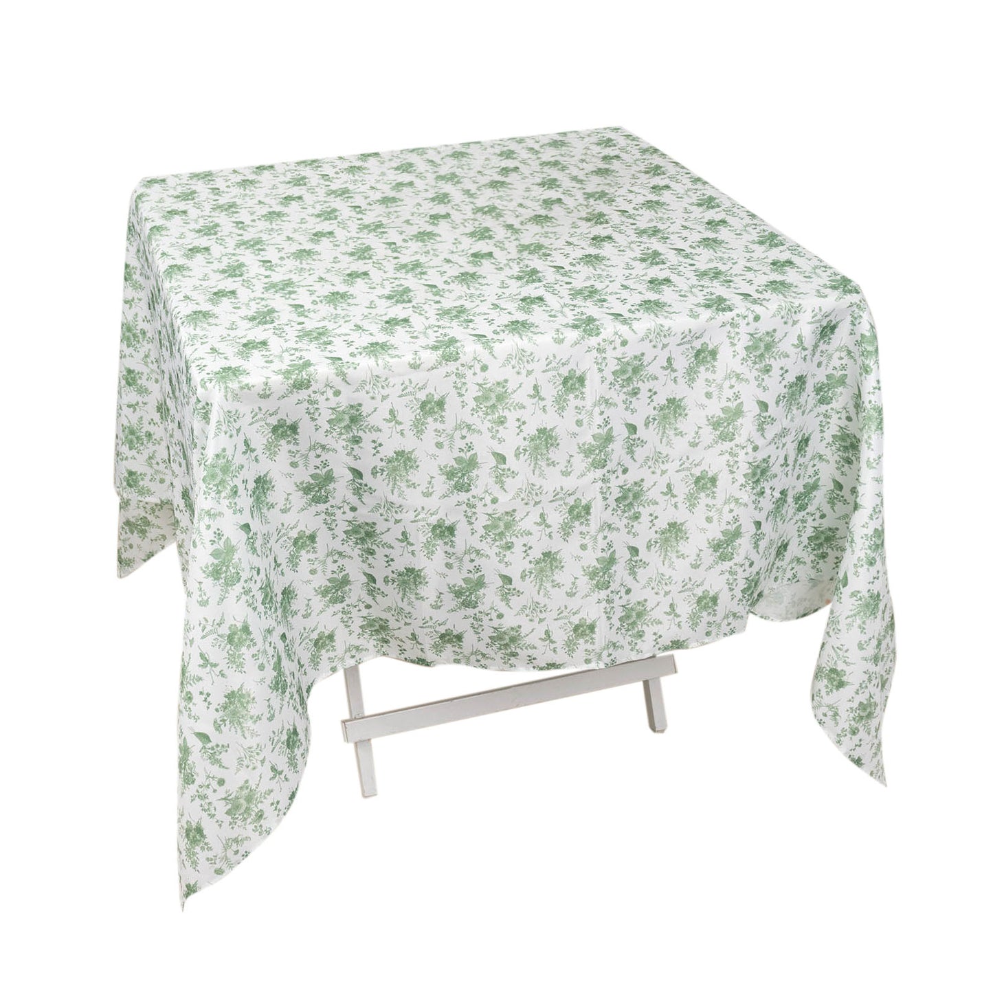 Dusty Sage Green Polyester Square Tablecloth in French Toile Pattern - 70"x70"