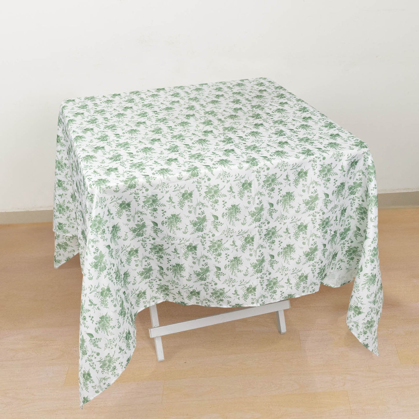 Dusty Sage Green Polyester Square Tablecloth in French Toile Pattern - 70"x70"