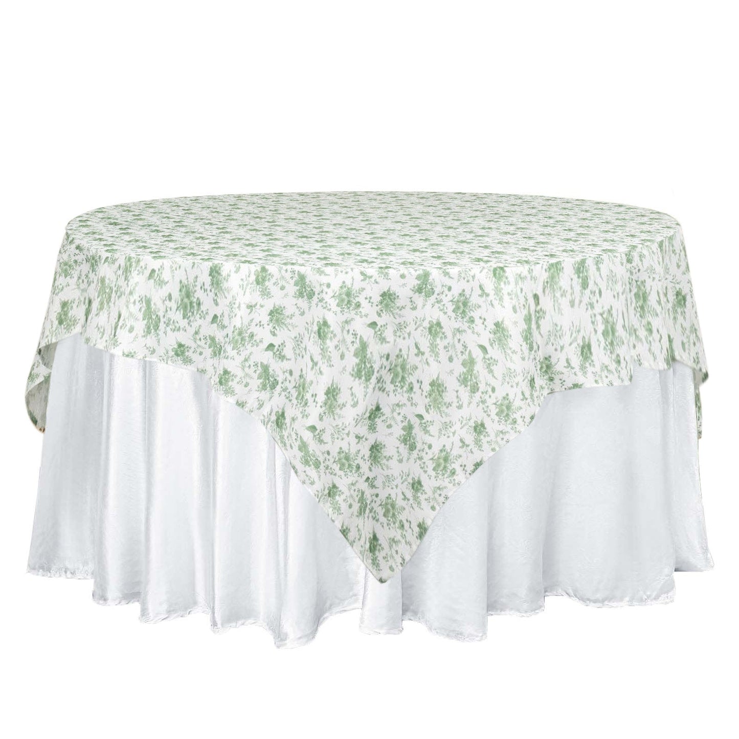 Dusty Sage Green Polyester Square Table Overlay in French Toile Pattern - 70"x70"