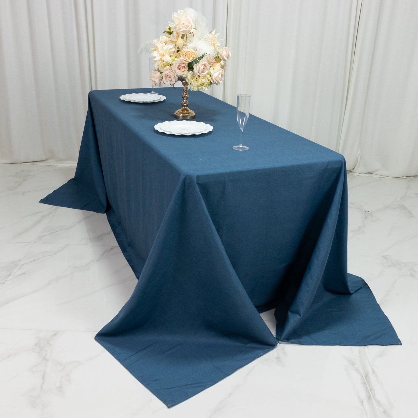 90x132" Polyester Rectangular Tablecloth – Denim Blue with Seamless Faux Denim Design for Stylish Gatherings