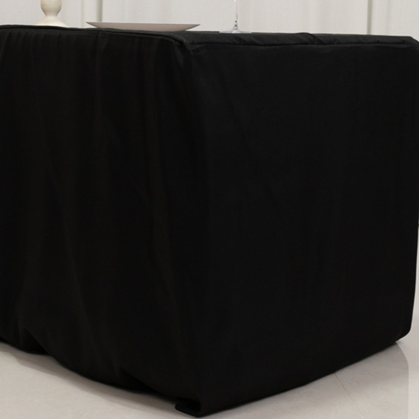 Black fitted tablecloth for 6ft tables, 220GSM premium polyester.