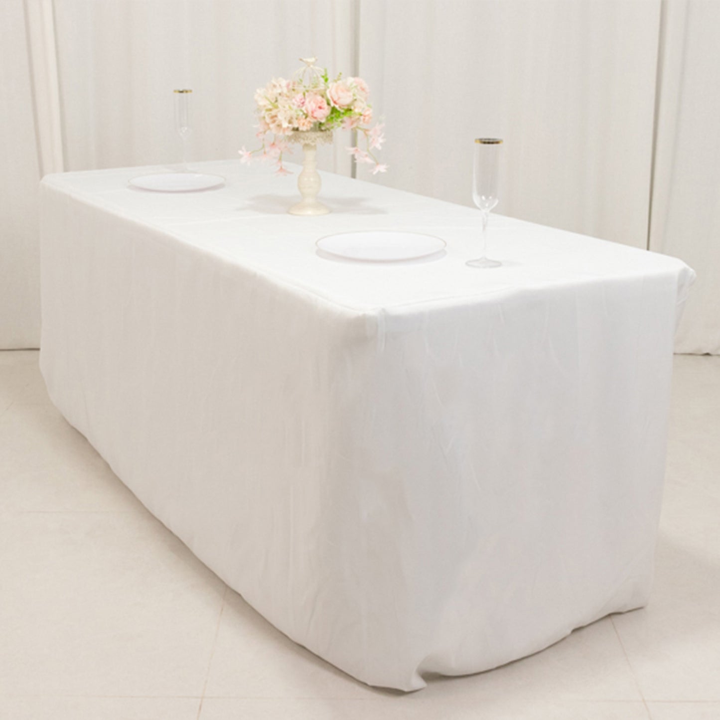 White Fitted Premium Polyester Rectangle Tablecloth 6ft Table Cover For 72"x30" Tables - 220GSM