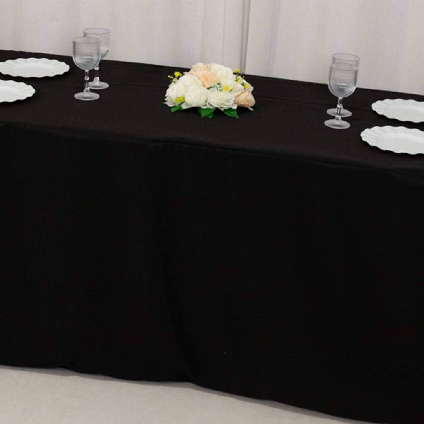 Black fitted tablecloth for 8ft tables, perfect for events and gatherings.