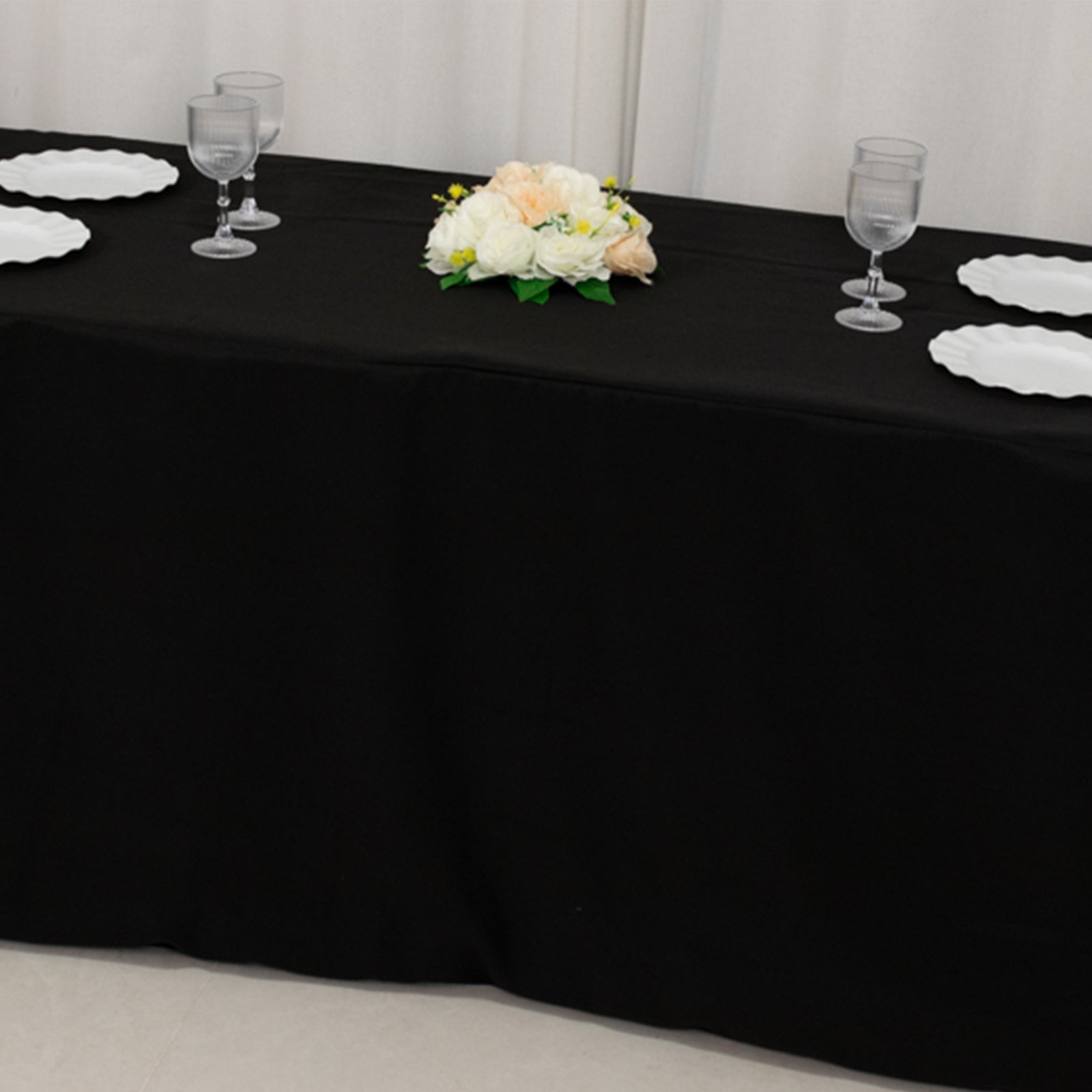 Black fitted tablecloth for 8ft tables, perfect for events and gatherings.