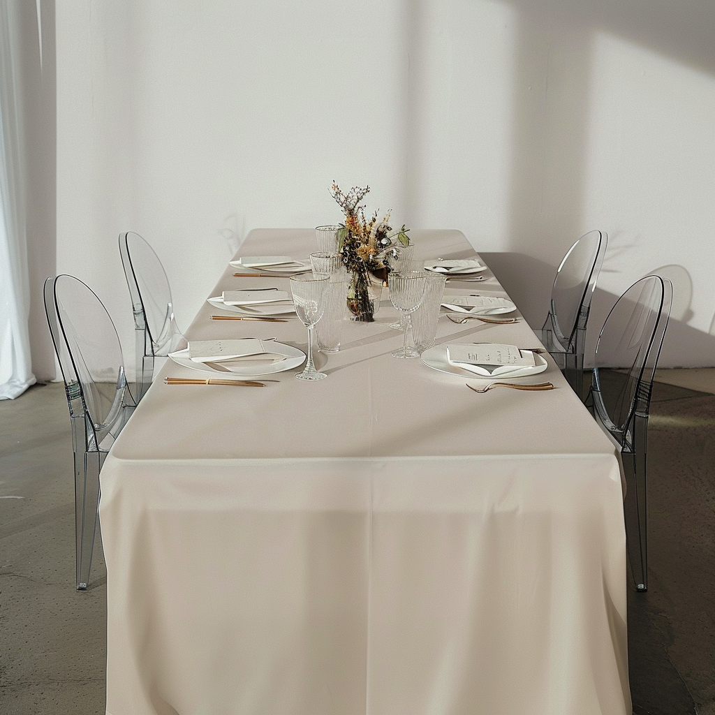 Ivory fitted polyester tablecloth for 8ft table cover, elegant dining setup.