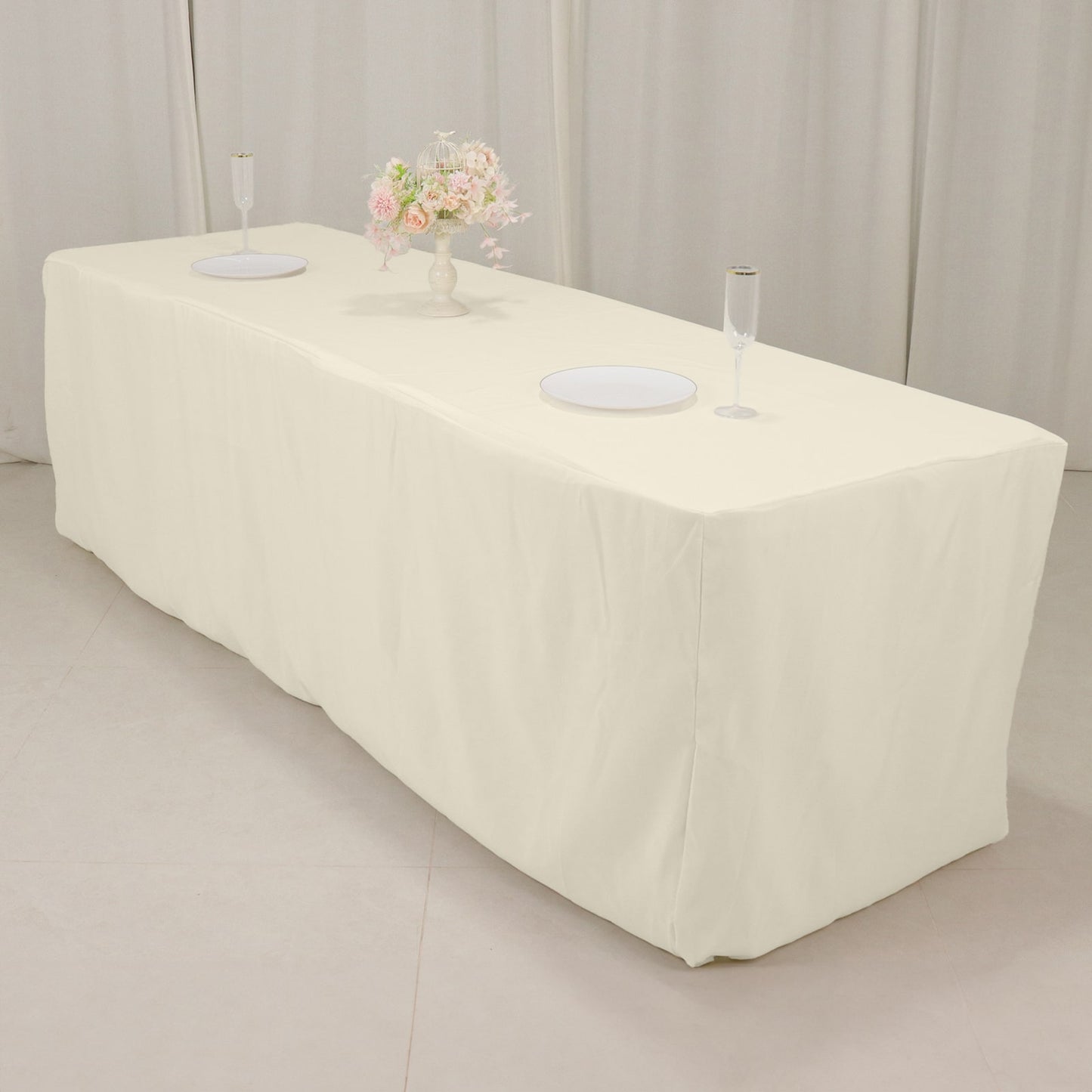 Ivory fitted tablecloth for 8ft tables, perfect for elegant events.