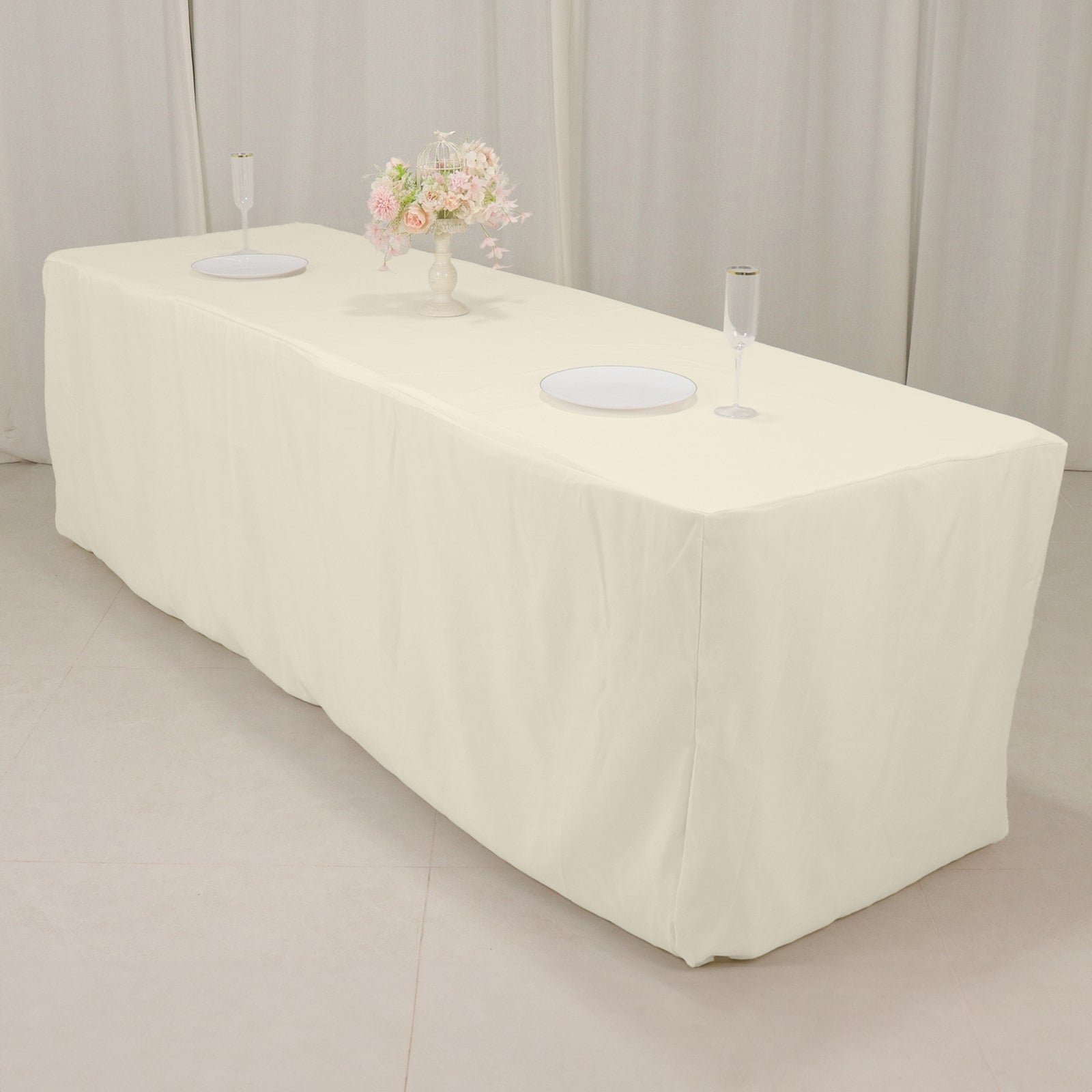 Ivory fitted tablecloth for 8ft tables, perfect for elegant events.