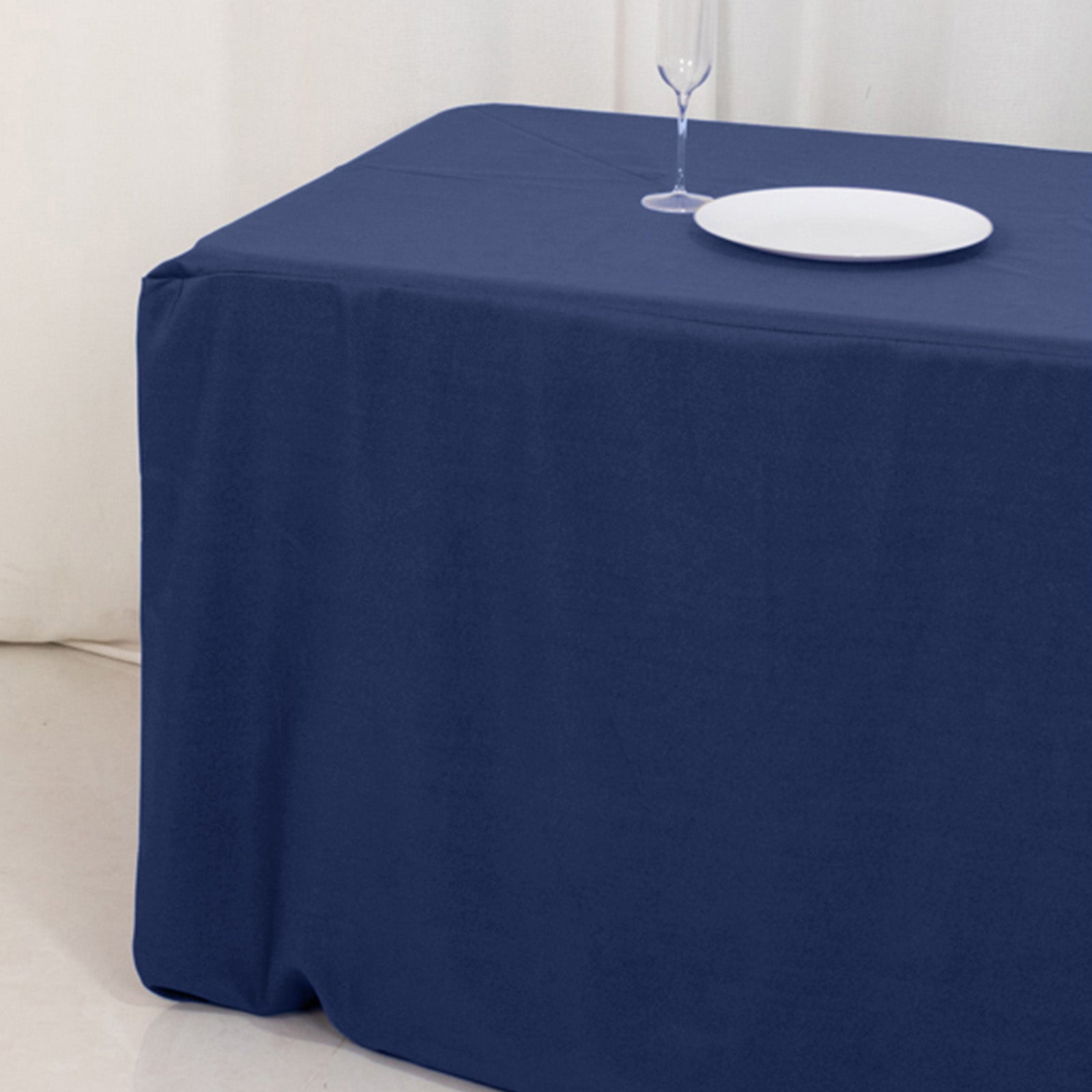 Navy blue fitted tablecloth for 8ft rectangle tables.