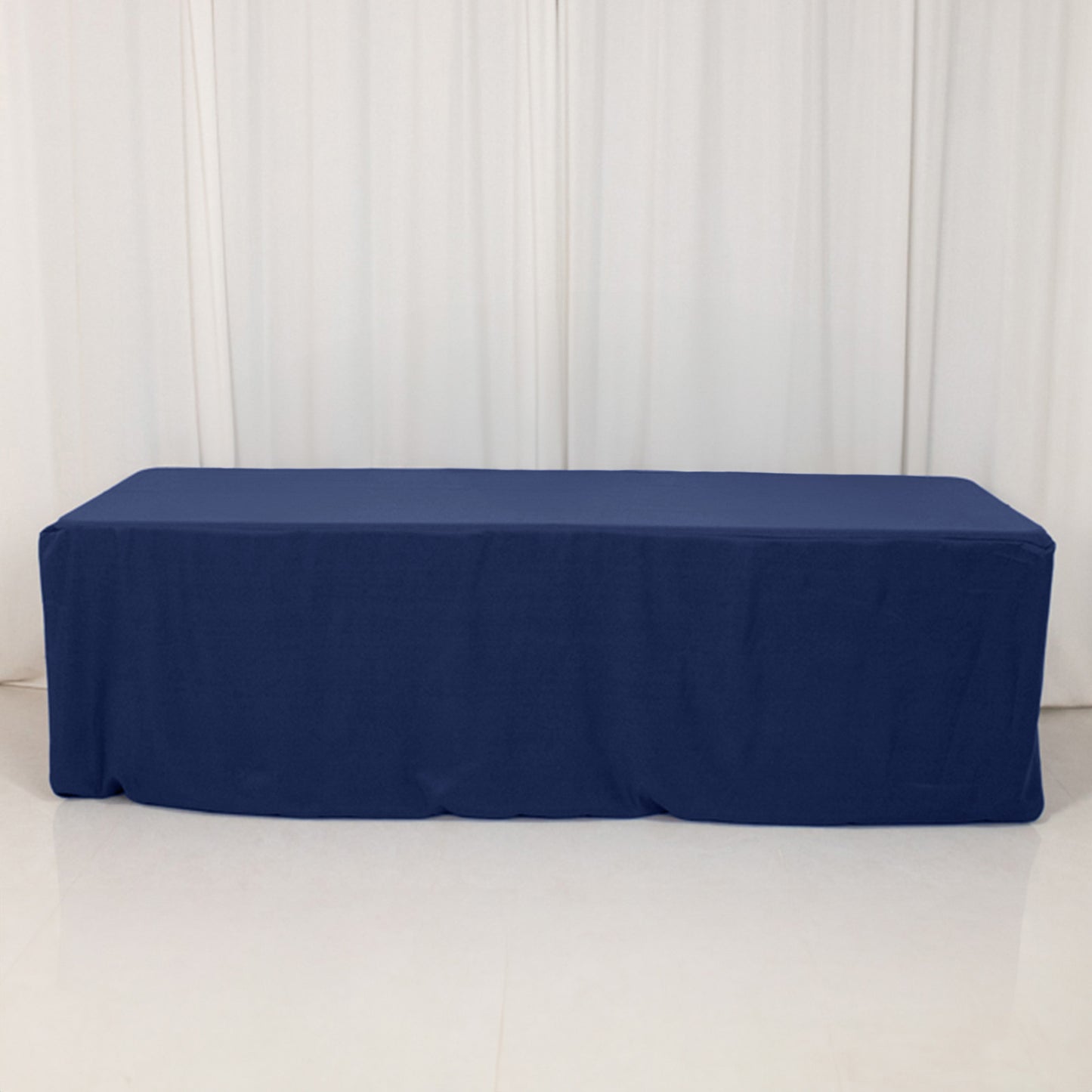 Navy blue fitted tablecloth for 8ft tables, 220GSM premium polyester.