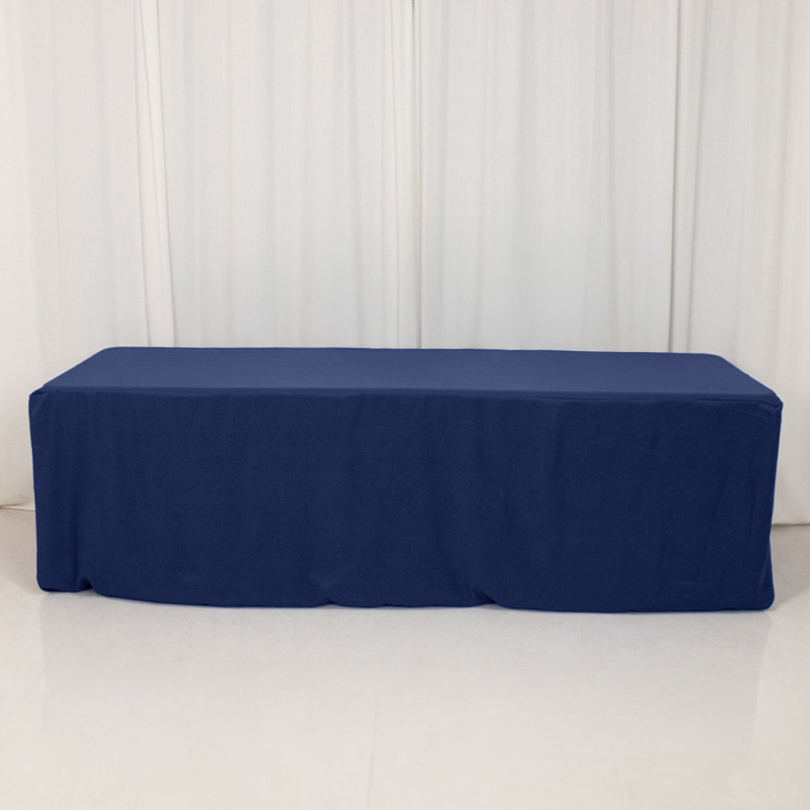 Navy blue fitted tablecloth for 8ft tables, 220GSM premium polyester.