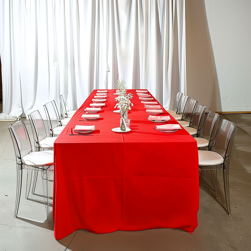 Red fitted premium polyester tablecloth for 8ft tables.