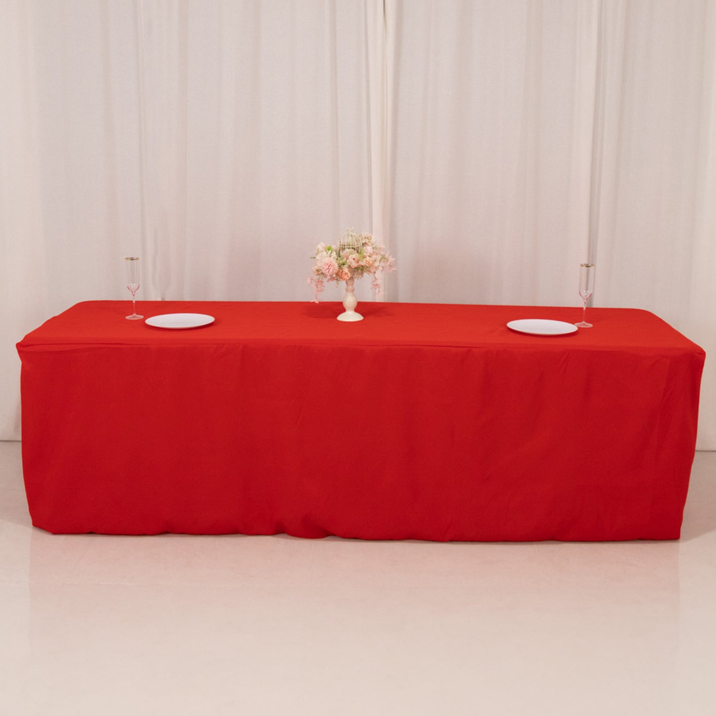 Red fitted tablecloth for 8ft tables, perfect for events and gatherings.