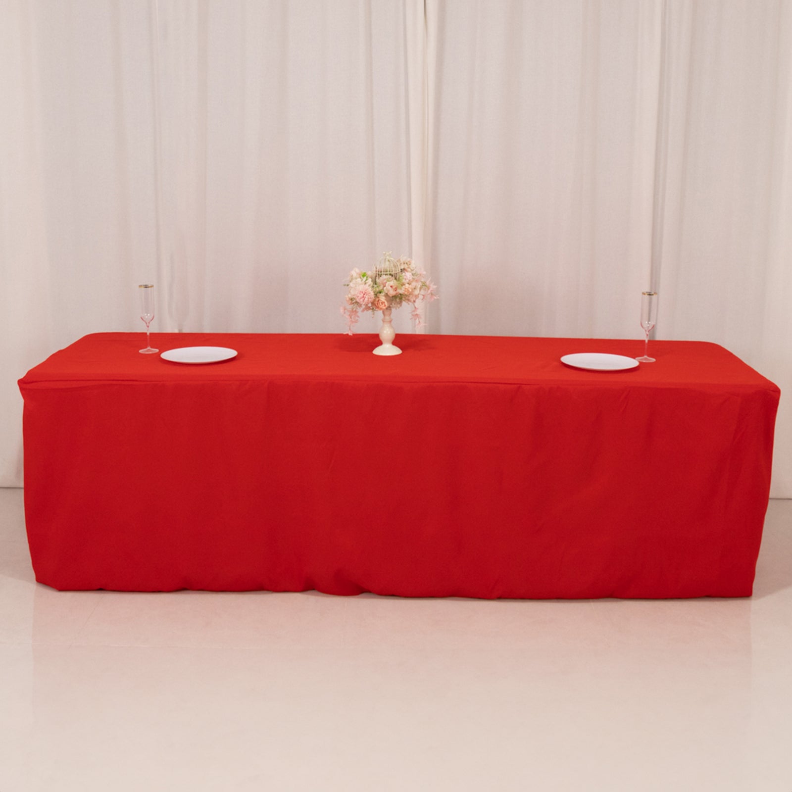 Red fitted tablecloth for 8ft tables, perfect for events and gatherings.