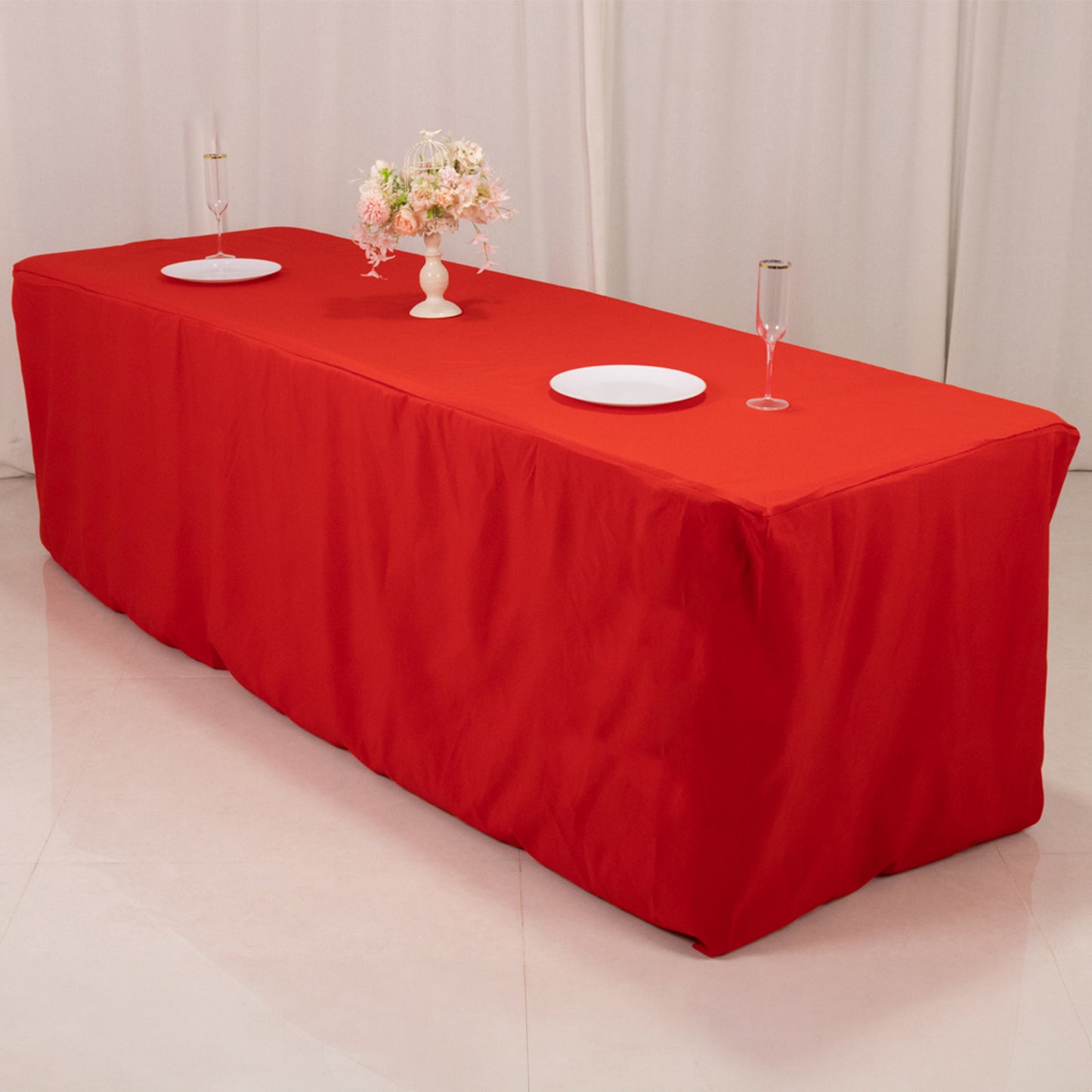 Red fitted premium polyester tablecloth for 8ft tables.