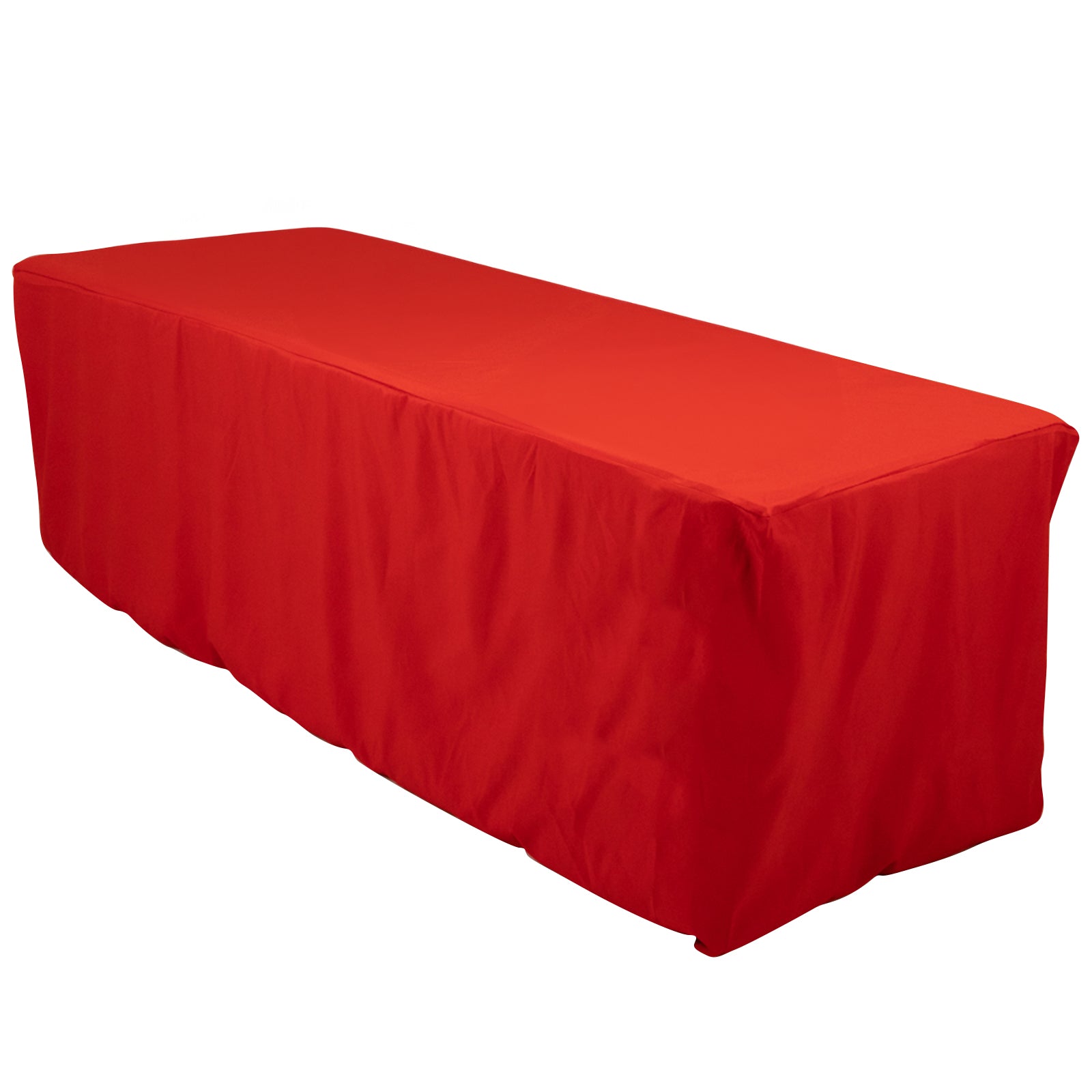 Red fitted premium polyester tablecloth for 8ft tables.